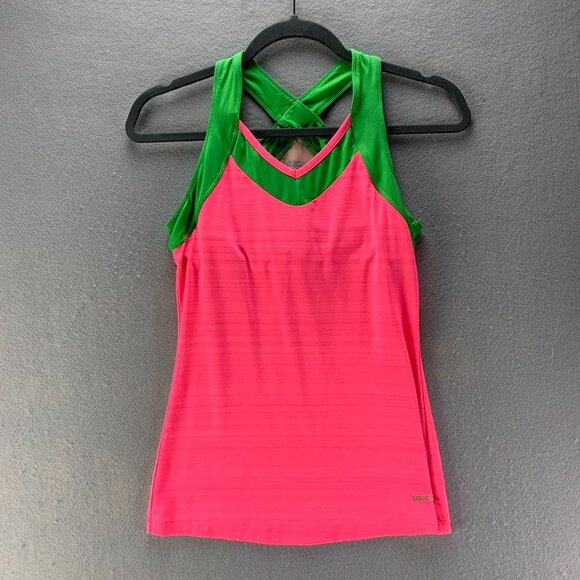 Saucony Athletic Tank Womens Small Pink Green Running Racerback Built‎ In Bra - Picture 1 of 12